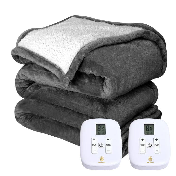 Electric Blanket King Grey Heated Throw with 10 Heat Settings/Safety 10 Hours Auto-Off Dual Controllers