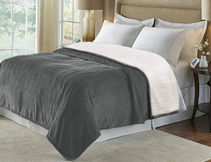 Electric Blanket Queen Grey Heated Throw with 10 Heat Settings / Safety 10 Hours Auto-Off Dual Controllers 84"X90"