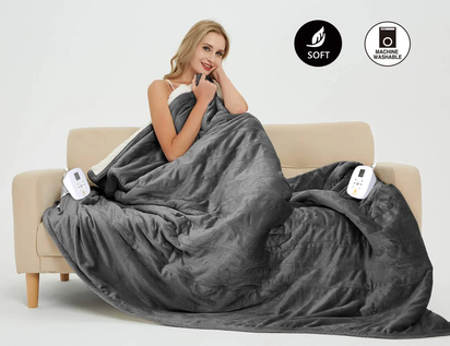 Electric Blanket King Grey Heated Throw with 10 Heat Settings/Safety 10 Hours Auto-Off Dual Controllers
