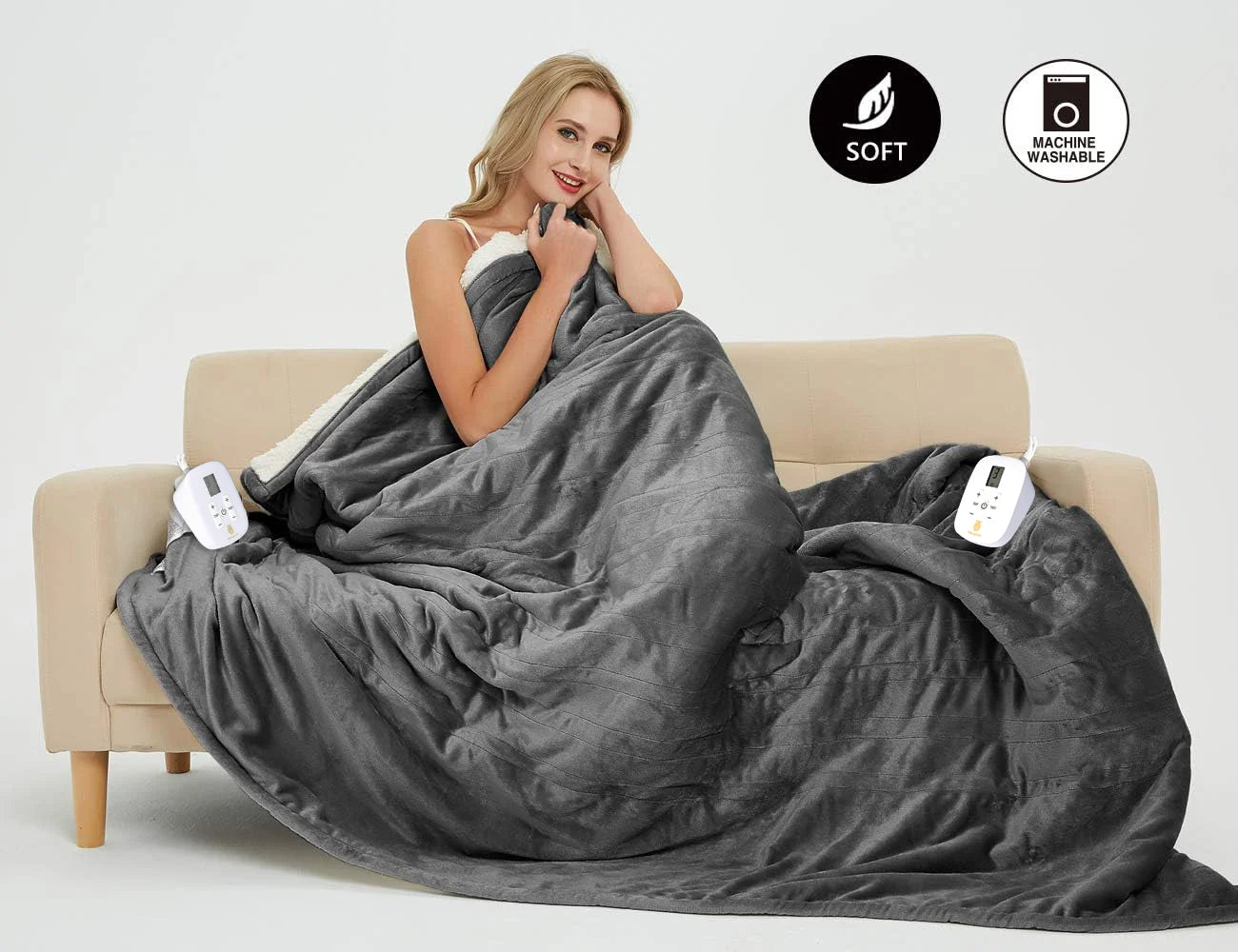 Electric Blanket King Grey Heated Throw with 10 Heat Settings/Safety 10 Hours Auto-Off Dual Controllers